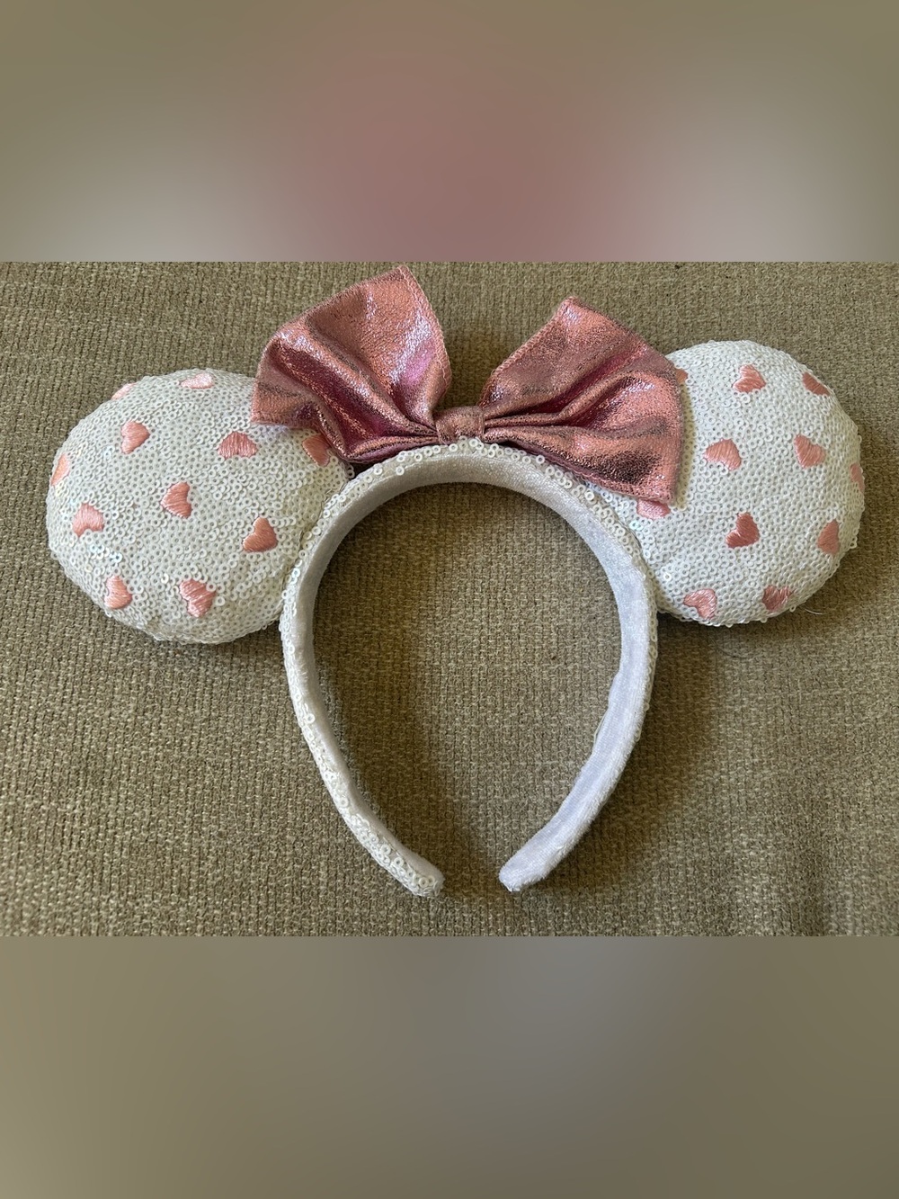 White & pink Minnie Mouse ears with Heart Sequins and Bow Girly Coquette